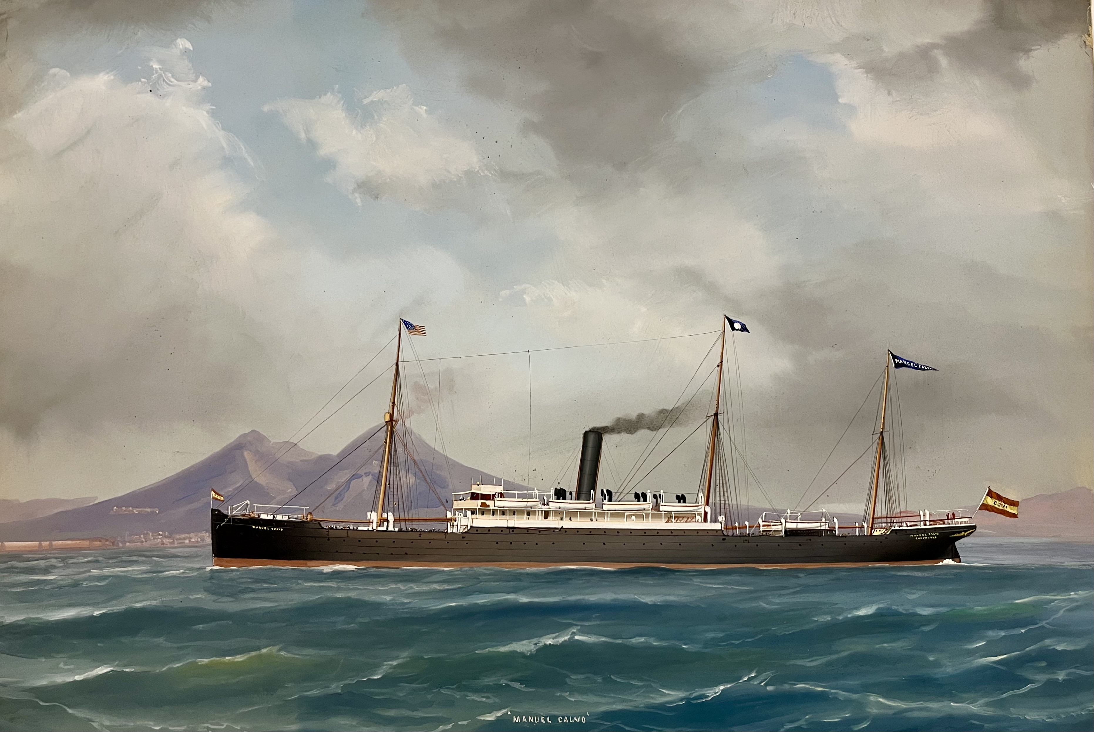 El vapor 'Manuel Calvo', de la Compañía Trasatlántica Española, en una pintura de la primera mitad del siglo XX que evoca las rutas entre España y América. MUSEU MARÍTIM DE BARCELONA