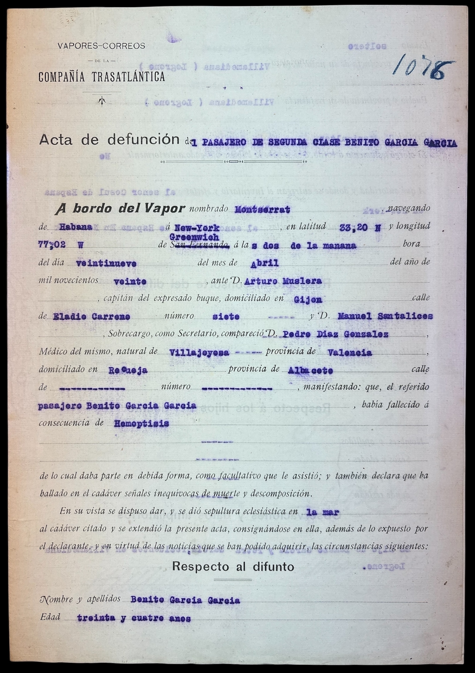 Acta de defunción de un pasajero de segunda clase fallecido a bordo del vapor Montserrat durante la travesía de La Habana a Nueva York, en 1920. MUSEU MARÍTIM DE BARCELONA Acta de defunción de un pasajero de segunda clase fallecido a bordo del vapor Montserrat durante la travesía de La Habana a Nueva York, en 1920. MUSEU MARÍTIM DE BARCELONA