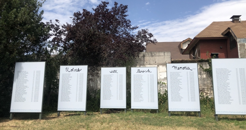 Carteles que recuerdan los nombres de las víctimas del centro de detención y tortura de Villa Grimaldi. ARCHIVO