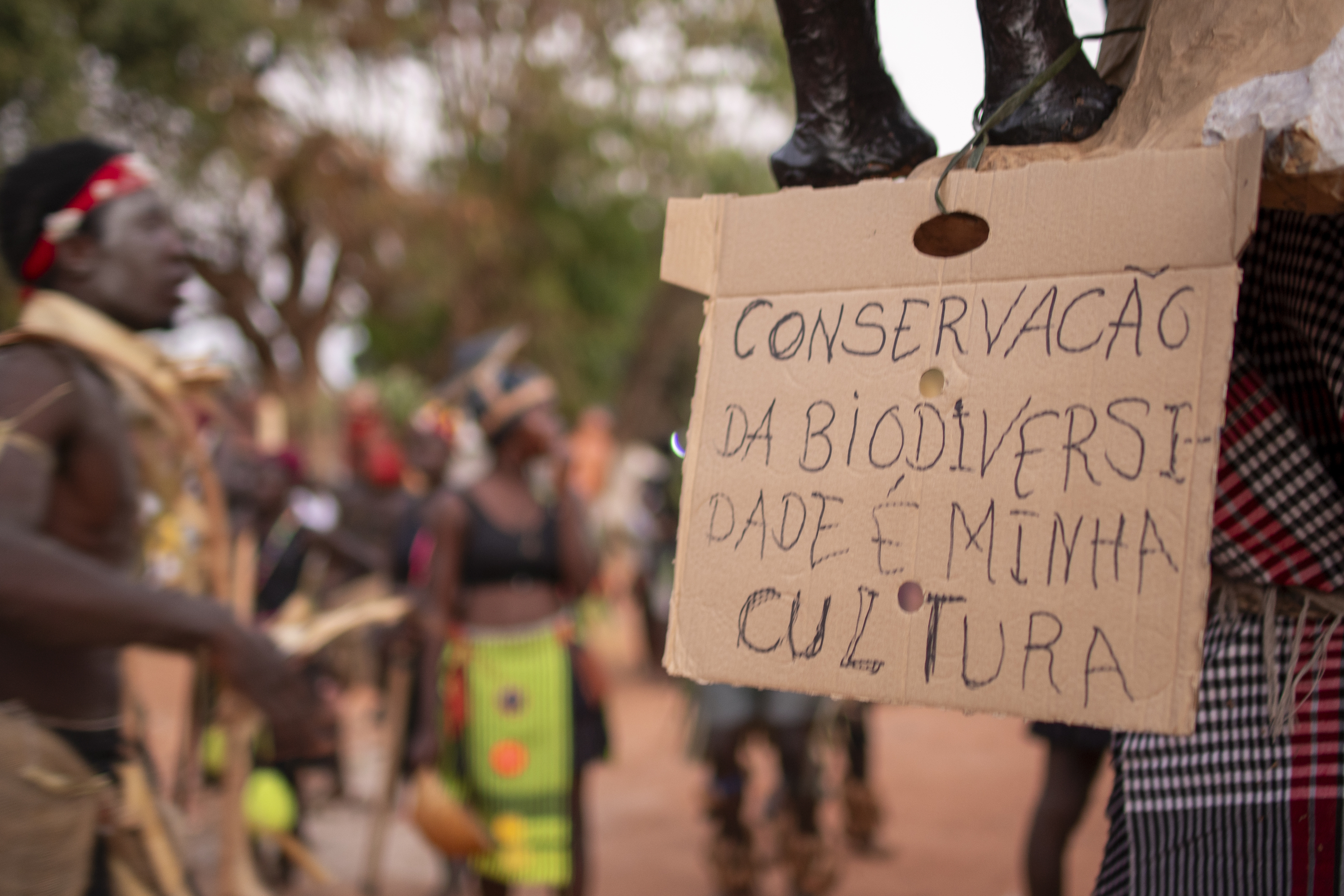 Un cartel en defensa de la cultura y la conservación de la biodiversidad es portado junto a una escultura de un hipopótamo. El archipiélago de Bijagós es reconocido como reserva de la biosfera por la Unesco y alberga la única población de hipopótamo capaz de vivir en el agua salada. JORGE FORNIELES