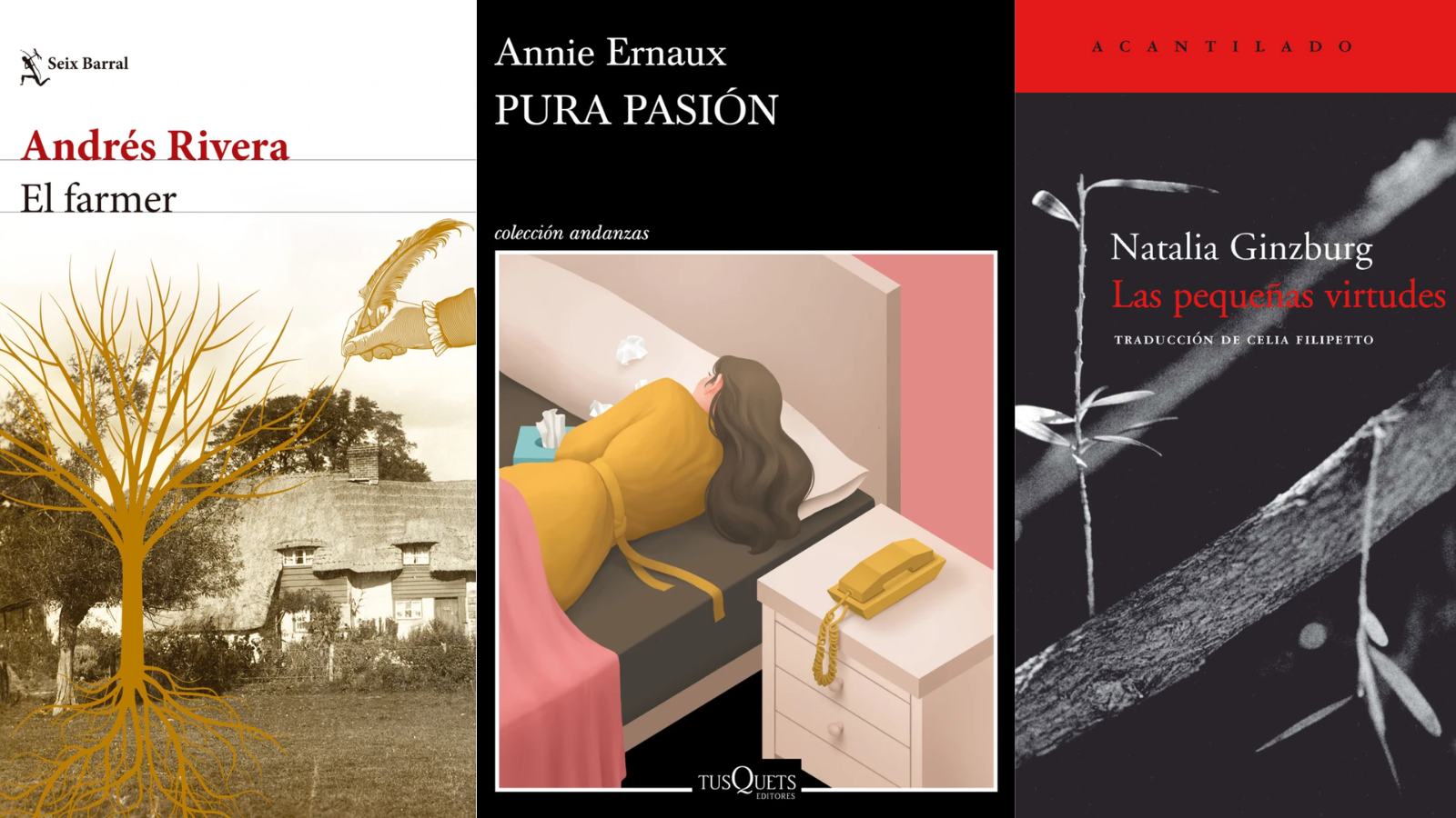 El farmer, de Andrés Rivera; Pura pasión, de Annie Ernaux; Las pequeñas virtudes, de Natalia Ginzburg.