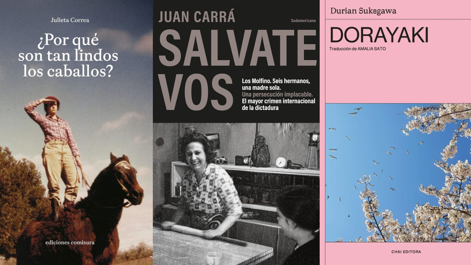 '¿Por qué son tan lindos los caballos?', de Julieta Correa; 'Salvate vos', de Juan Carrá; 'Dorayaki', de Durian Sukegawa.
