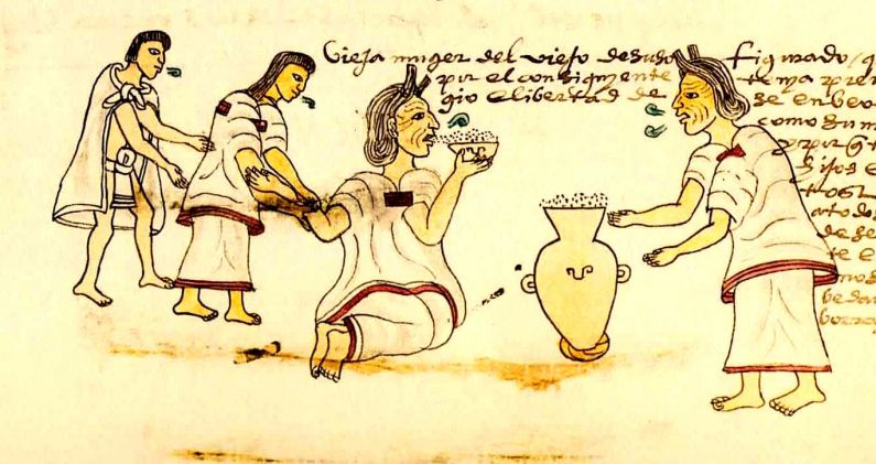 Aztecas bebiendo pulque, en una ilustración del Código Mendoza, del siglo XVI. ARCHIVO