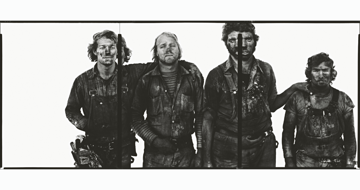 Roger Tims, Jim Duncan, Leonard Markley, Don Belak, coal miners, Reliance, Wyoming, August 29, 1979. RICHARD AVEDON