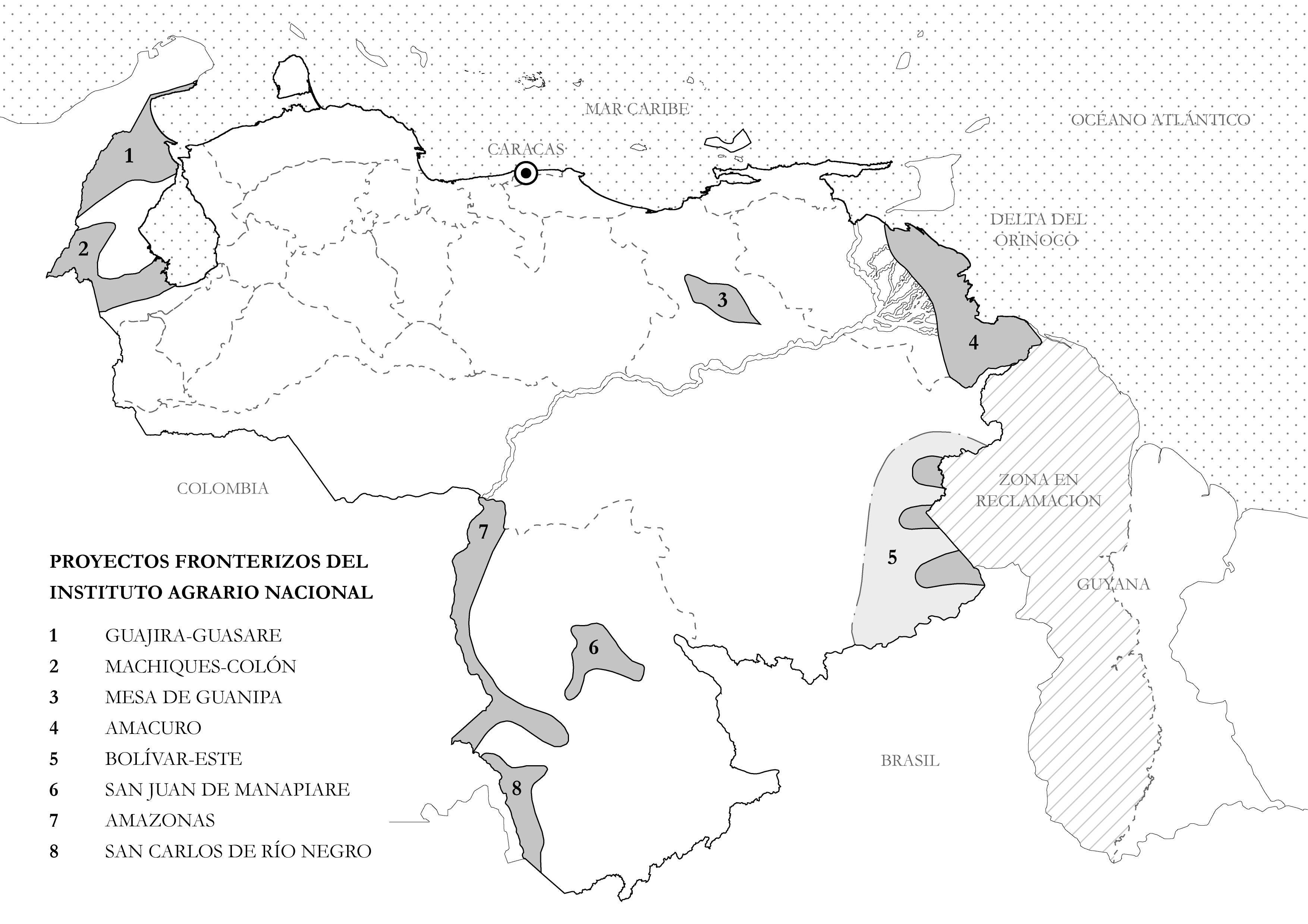 Los ocho Proyectos de Desarrollo Integral con Poblaciones Indígenas elaborados por el Instituto Agrario Nacional entre 1970 y 1974. Elaborado por Ricardo Avella, basado en: Clarac (1975): “Reforma agraria y población Indígena en Venezuela”, p. 212. Los ocho Proyectos de Desarrollo Integral con Poblaciones Indígenas elaborados por el Instituto Agrario Nacional entre 1970 y 1974. Elaborado por Ricardo Avella, basado en: Clarac (1975): “Reforma agraria y población Indígena en Venezuela”, p. 212.