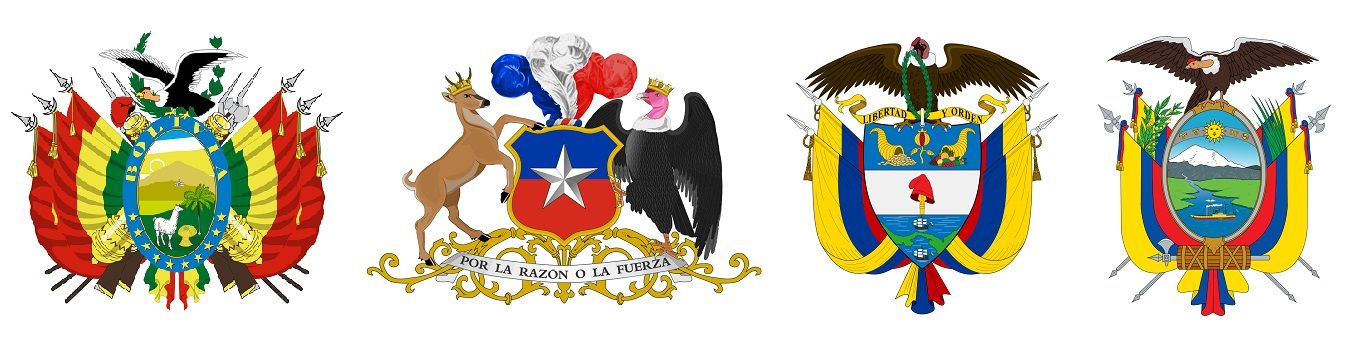Escudos de Bolivia, Chile, Colombia y Ecuador, en los que aparece el cóndor. ARCHIVO Escudos de Bolivia, Chile, Colombia y Ecuador, en los que aparece el cóndor. ARCHIVO