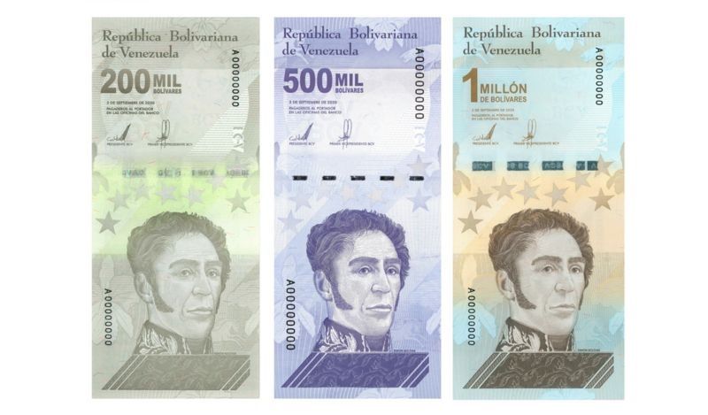 Billetes de 200.000, 500.000 y un millón de bolívares emitidos en Venezuela. BANCO CENTRAL DE VENEZUELA