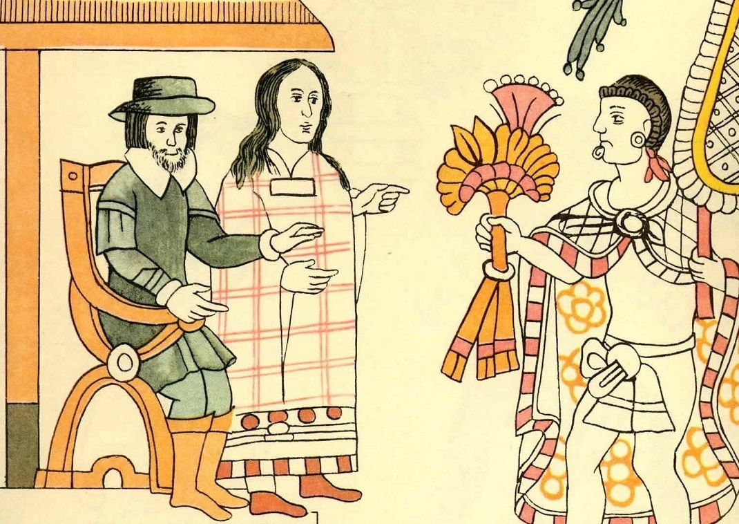 Hernán Cortés, con Malinche, en una ilustración del lienzo de Tlaxcala. ARCHIVO