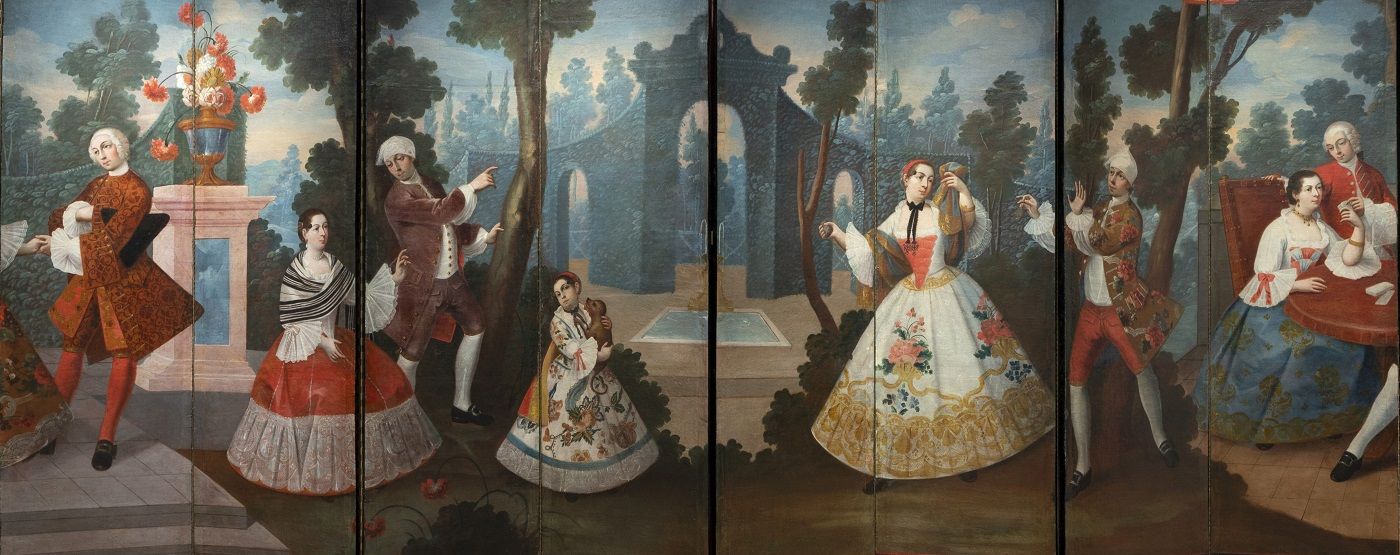 Escena novohispana en un biombo de la exposición de Casa de México 'Biombos y castas, pintura profana de la Nueva España'. CASA DE MÉXICO