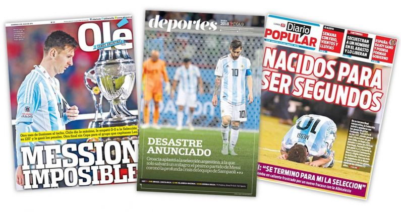 Portadas de diarios argentinos tras derrotas de Messi con la selección. ARCHIVO