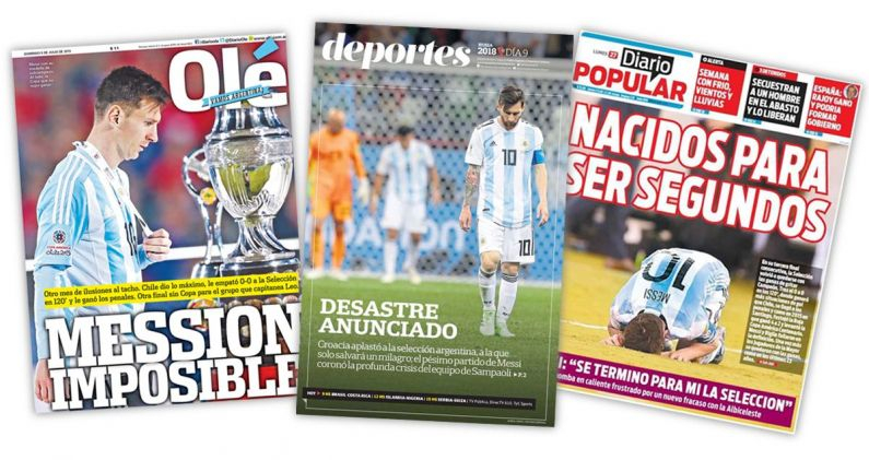 Portadas de diarios argentinos tras derrotas de Messi con la selección. ARCHIVO Portadas de diarios argentinos tras derrotas de Messi con la selección. ARCHIVO