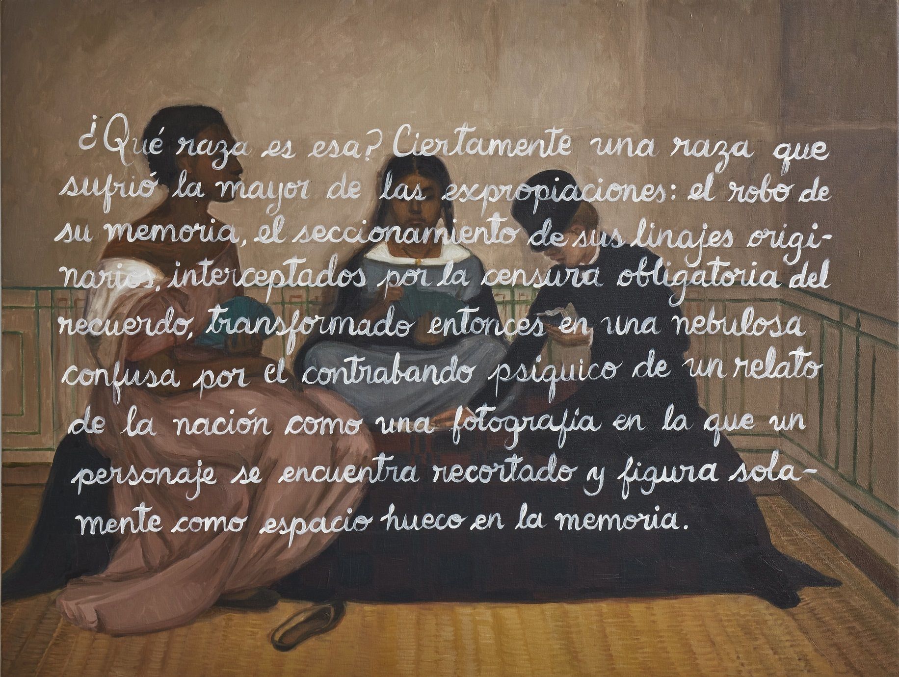 'Mis tres razas', de Sandra Gamarra (2021), que reproduce una obra de Francisco Laso de la Vega y una cita de Rita Segato. JUAN PABLO MURRUGARRA 'Mis tres razas', de Sandra Gamarra (2021), que reproduce una obra de Francisco Laso de la Vega y una cita de Rita Segato. JUAN PABLO MURRUGARRA