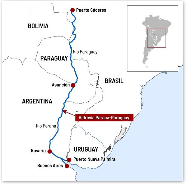 Mapa de la Hidrovía Paraguay-Paraná. ELENA CANTÓN