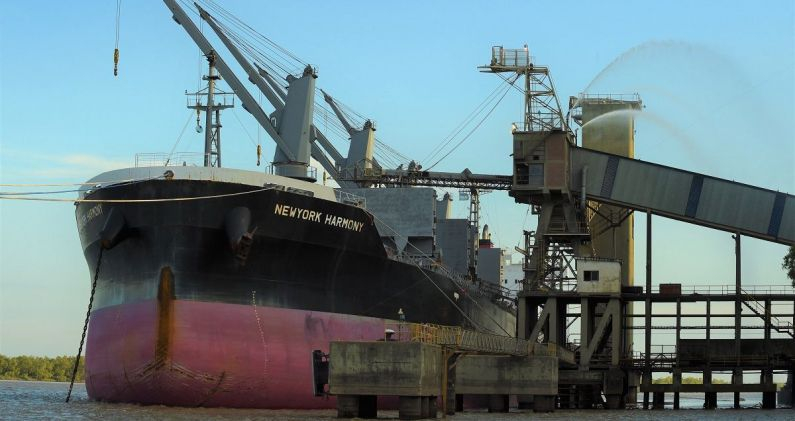 Un buque cargando mercancía, en el tramo argentino de la Hidrovía del Paraná. BOLSA DE COMERCIO DE ROSARIO