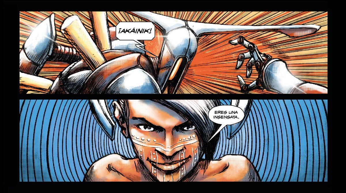 Viñetas de 'Mecha Selk’nam', cómic de robots gigantes de Daniel Leal y Fabián Todorovic premiado en los Latino Book Awards. ARCANO IV