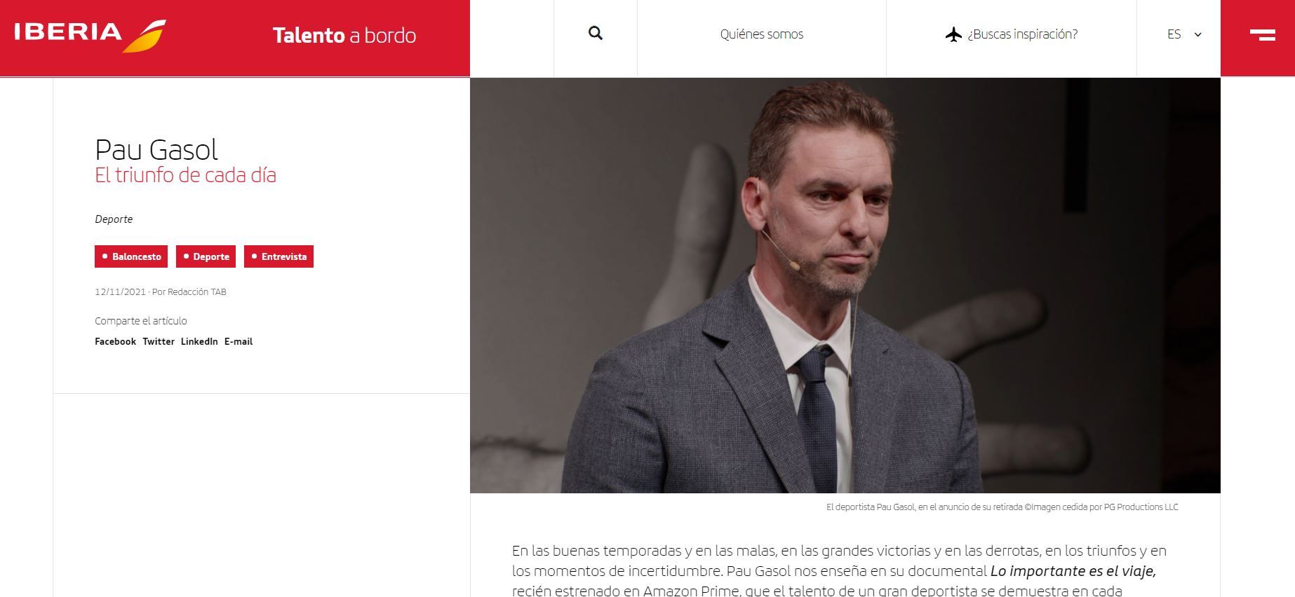 Entrevista a Pau Gasol en la plataforma digital 'Talento a bordo' de Iberia.