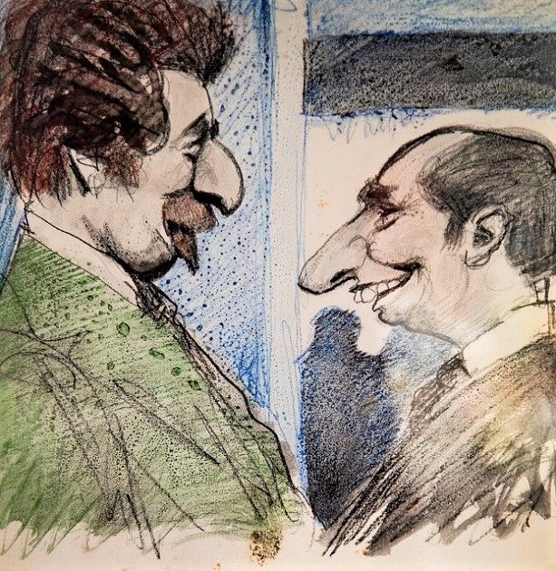 Marcos Cytrymblun y Juan Manuel Fangio, dibujados por Sábat. LEO VACA
