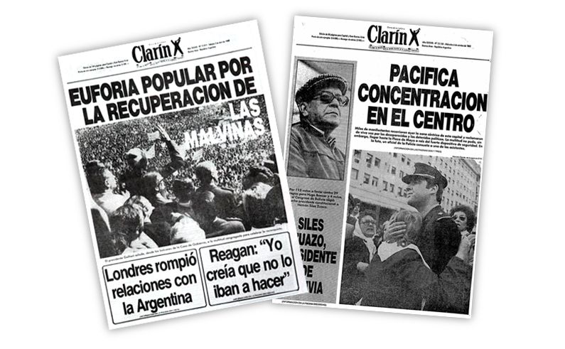 Portadas de 'Clarín' de 1982 dedicadas al conflicto de las Malvinas y a las Abuelas de la plaza de Mayo. ARCHIVO