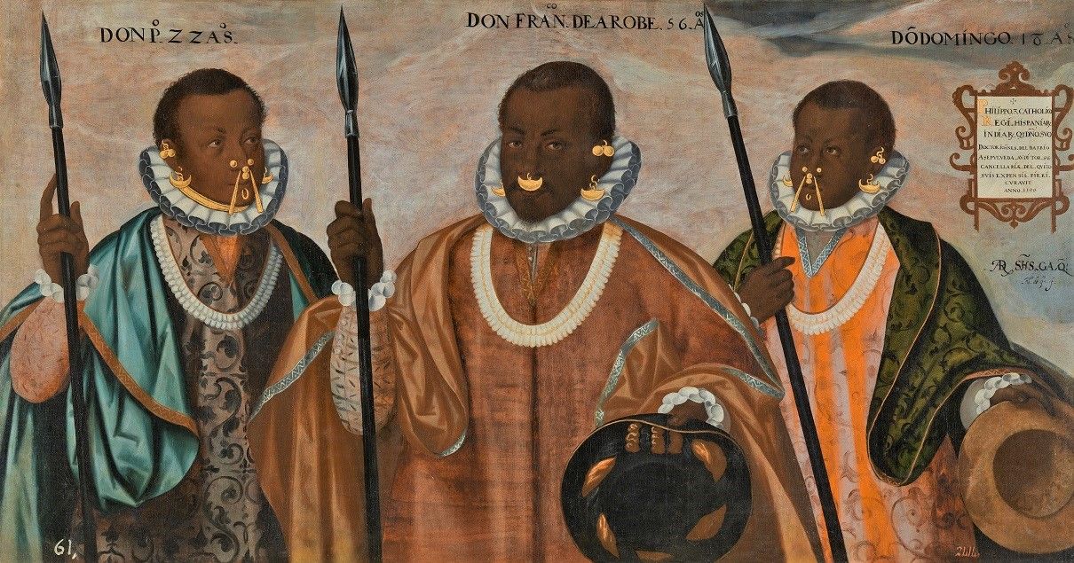 'Los tres mulatos de Esmeraldas', de Andrés Sánchez Galque (1599), una de las obras de la exposición 'Tornaviaje'. MUSEO DEL PRADO