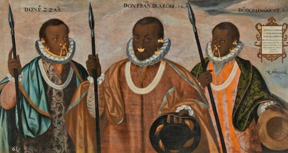 'Los tres mulatos de Esmeraldas', de Andrés Sánchez Galque (1599), una de las obras de la exposición 'Tornaviaje'. MUSEO DEL PRADO