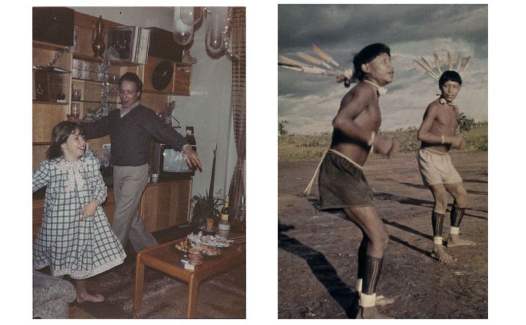 Raquel Bravo con su padre e indígenas danzando, en sendas fotos del libro 'Mato Grosso'. CORTESÍA