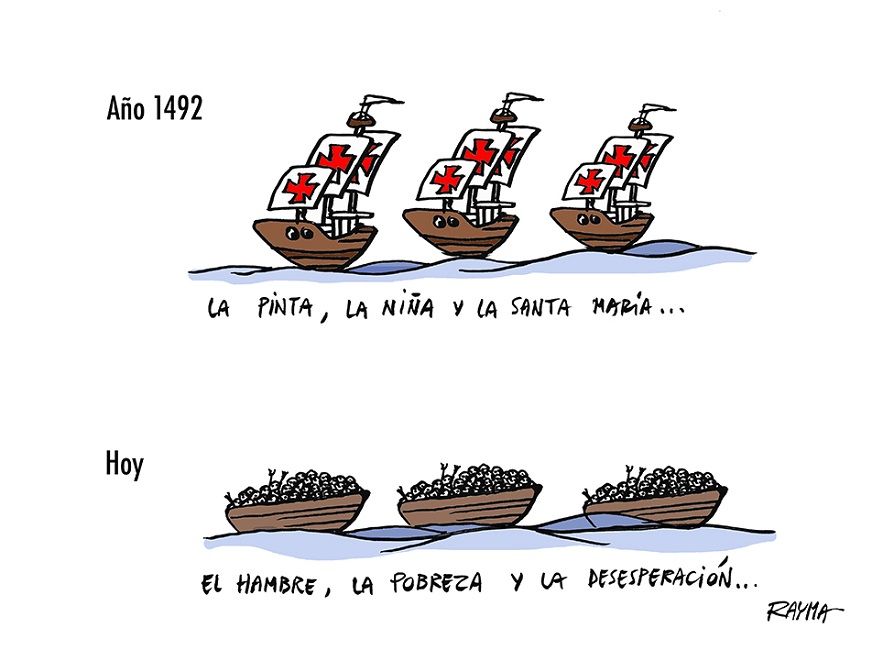 Caricatura de La Pinta, La Niña y la Santa María, de Rayma Suprani. CORTESÍA