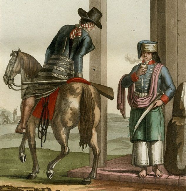 Un soldado tomando mate, en un grabado de 1821. ARCHIVO