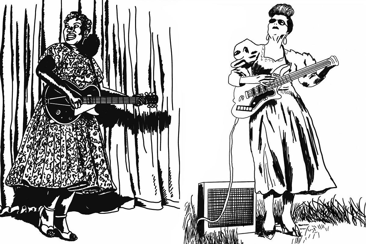 Sister Rosetta Tharpe y Cordell Jackson, retratadas por PowerPaola en 'Mostras del rock'. SIGILO Sister Rosetta Tharpe y Cordell Jackson, retratadas por PowerPaola en 'Mostras del rock'. SIGILO