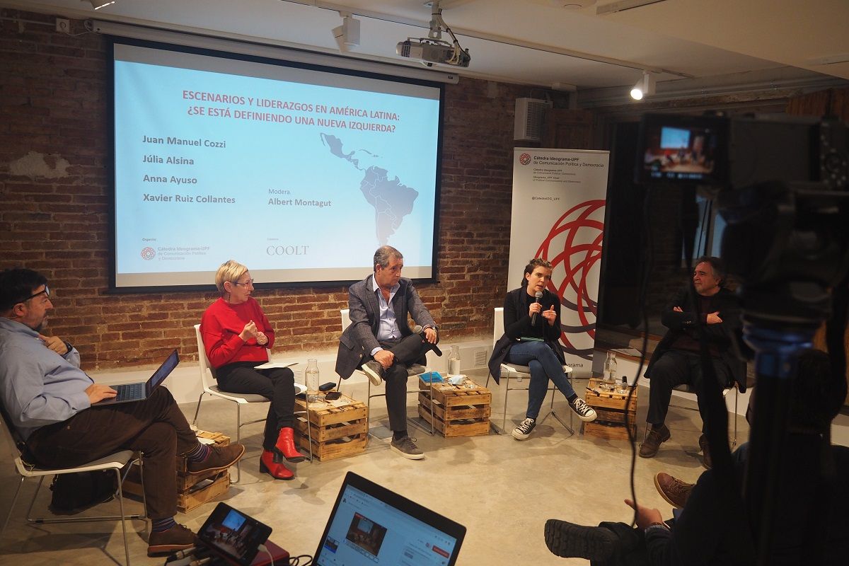 El director de COOLT, Albert Montagut, con la investigadora Anna Ayuso, el profesor Juan Manuel Cozzi, la consulta Júlia Alsina y el especialista en comunicación Xavier Ruiz Collantes, en el seminario COOLT ARNAU MAS