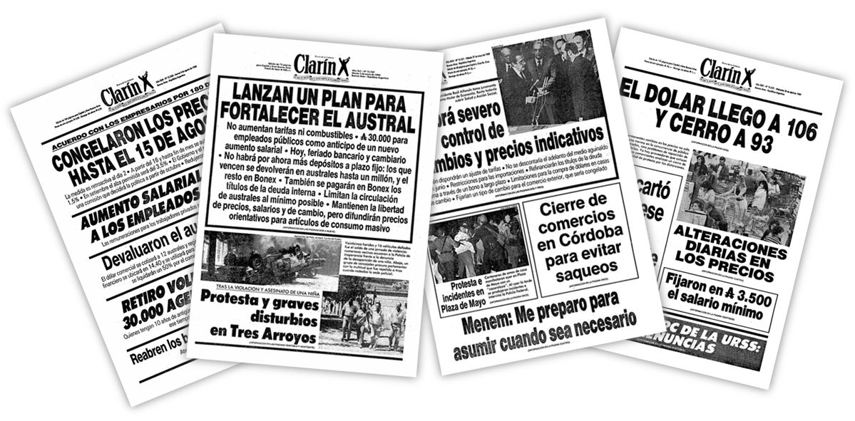 Portadas de los años ochenta del diario 'Clarín' dedicadas a la inflación argentina. ARCHIVO