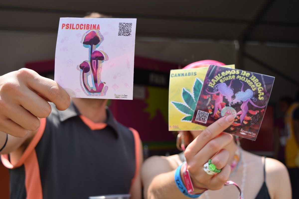 Dos jóvenes, en un festival musical en Ciudad de México, muestran material informativo sobre el uso de drogas facilitado por ReverdeSer,
