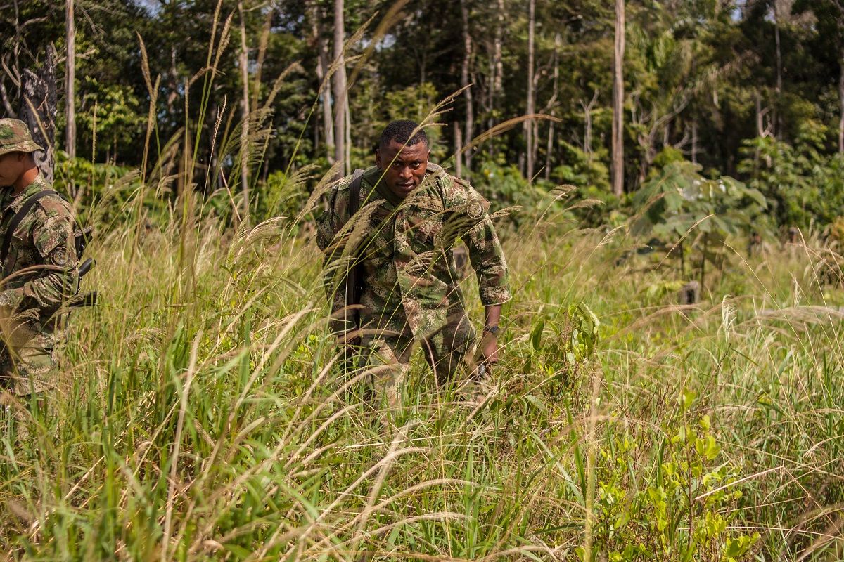 Un soldado del Ejército Nacional se adentra en un campo de cultivo de coca de Nueva Colombia. MARIO TORO QUINTERO