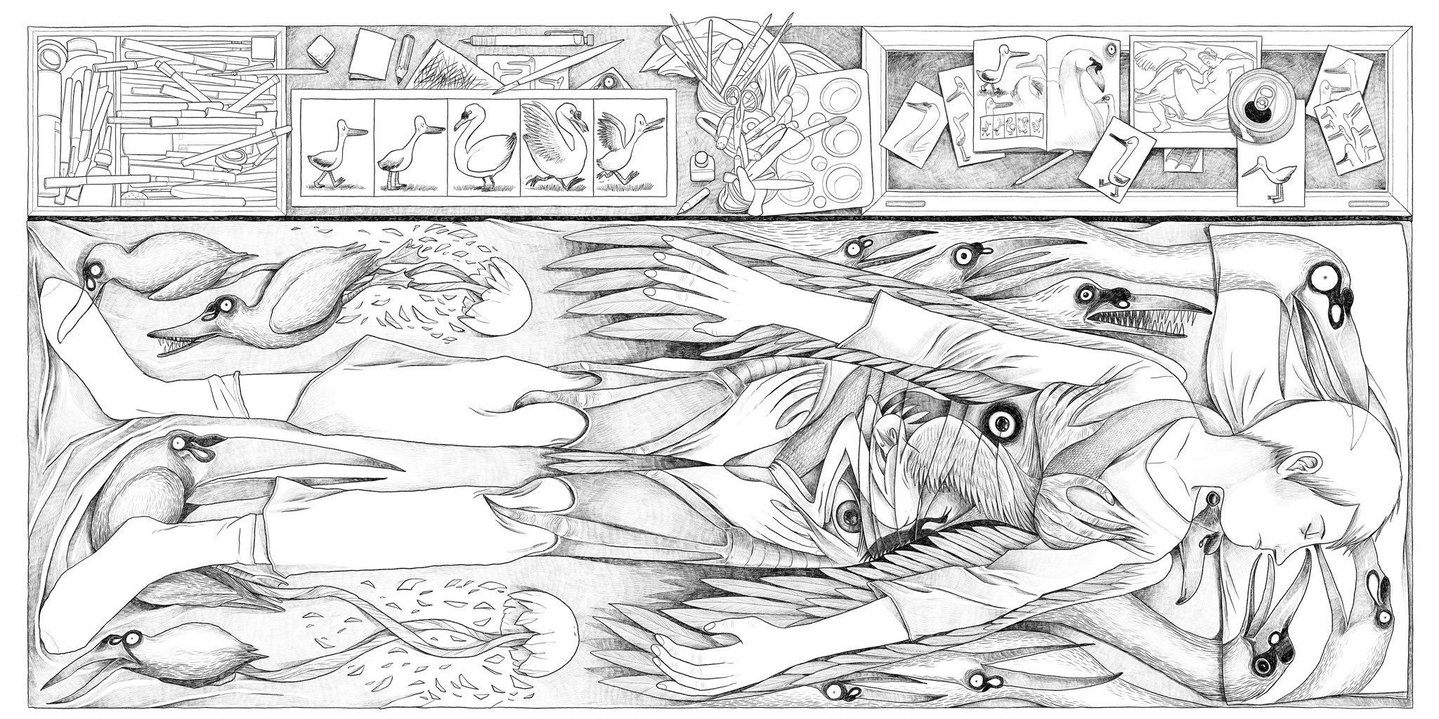Ilustración de Sergio García de Leda y el cisne para la exposición 'Viñetas desbordadas' del  Centro José Guerrero (2019). CORTESÍA