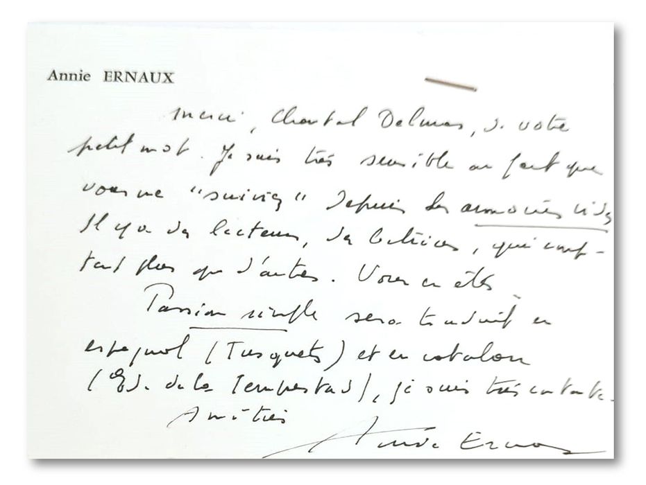 Carta de la escritora francesa Annie Ernaux, Premio Nobel de Literatura 2022.