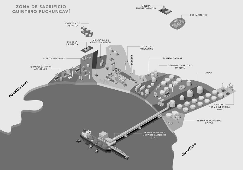 Mapa del libro 'Náusea' de la zona de sacrificio de Quintero-Puchuncaví. LA POLLERA