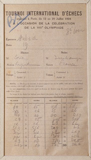 Ficha técnica de la partida de Marcel Duchamp y Valentín Fernández Coria en la Olimpíada de Ajedrez de Paris de 1924. CORTESÍA MARCELO GUTMAN Ficha técnica de la partida de Marcel Duchamp y Valentín Fernández Coria en la Olimpíada de Ajedrez de Paris de 1924. CORTESÍA MARCELO GUTMAN