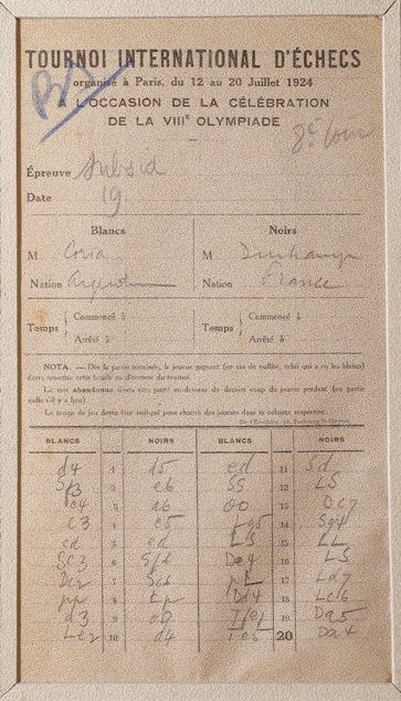 Ficha técnica de la partida de Marcel Duchamp y Valentín Fernández Coria en la Olimpíada de Ajedrez de Paris de 1924. CORTESÍA MARCELO GUTMAN