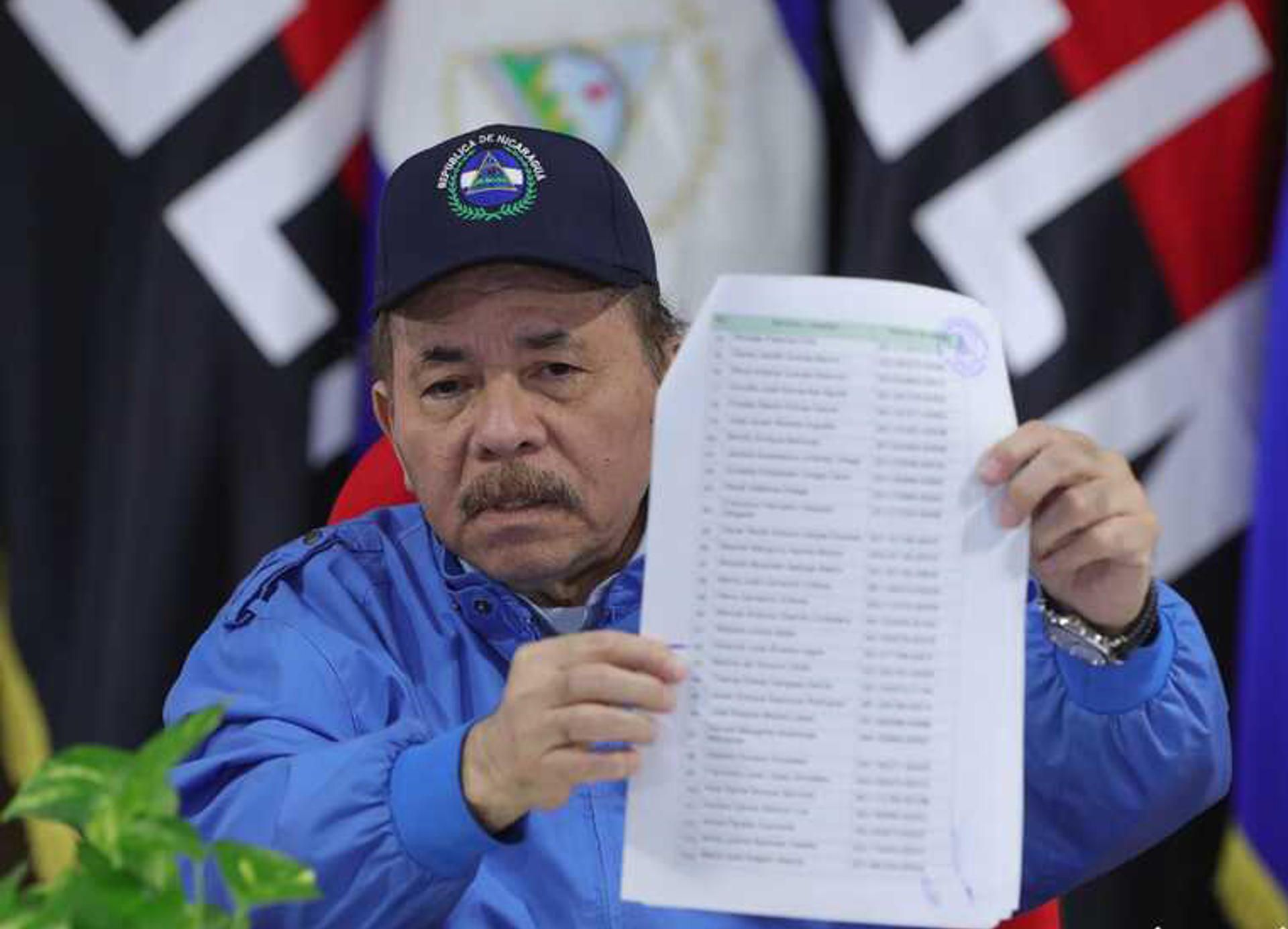 El presidente de Nicaragua, Daniel Ortega, con la lista de los 222 presos políticos excarcelados, este 9 de febrero. EFE/CÉSAR PÉREZ/PRESIDENCIA NICARAGUA