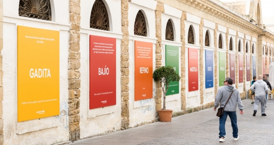 Carteles en Cádiz con palabras típicas del español hablado en la región, este lunes, coincidiendo con el Congreso de la Lengua. ANTONIO MONTIEL/CILE