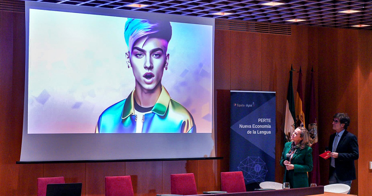 Hiperia, un avatar creado con inteligencia artificial, en el Congreso de la Lengua, dialogando con la vicepresidenta primera española, Nadia Calviño, este miércoles. CORTESÍA