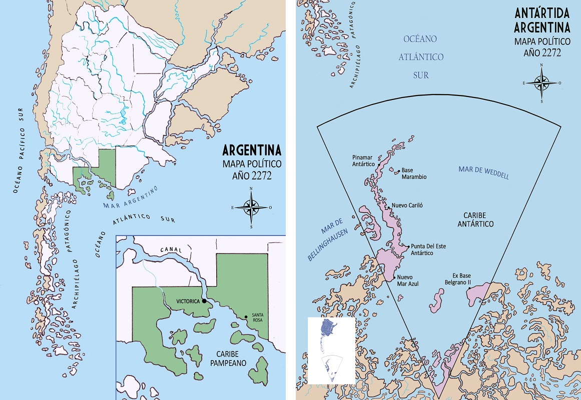 Mapas de Argentina y la Antártida en 2272 de la novela 'La infancia del mundo'. CATINGA (GUSTAVO GUEVARA)