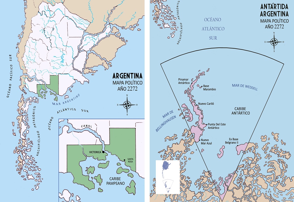 Mapas de Argentina y la Antártida en 2272 de la novela 'La infancia del mundo'. CATINGA (GUSTAVO GUEVARA) Mapas de Argentina y la Antártida en 2272 de la novela 'La infancia del mundo'. CATINGA (GUSTAVO GUEVARA)