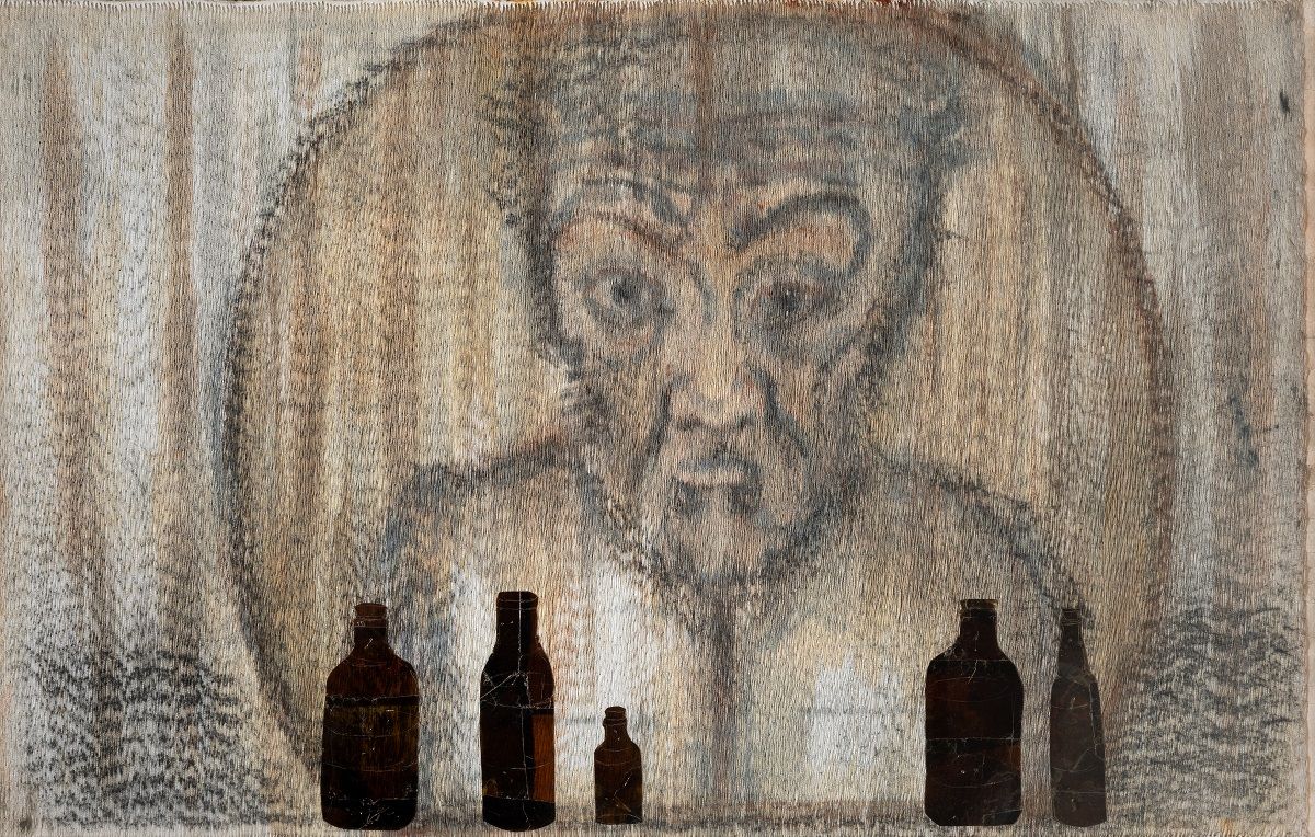 Autorretrato de 2009 de Francisco Toledo realizado con bordado punto atrás con hilo DMC y mica mineral sobre papel. CASA DE MÉXICO/ANDRÉS VALENTÍN GAMAZO