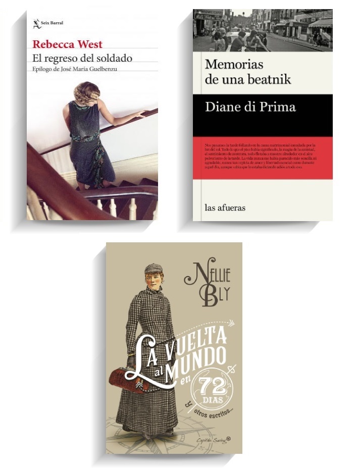 Portadas de los libros 'La vuelta al mundo en 72 días', 'El regreso del soldado' y 'Memorias de una beatnik'.