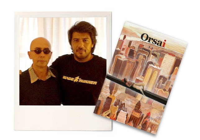 Pablo Perantuono con el Indio Solari y portada de la revista 'Orsai'. E.C.