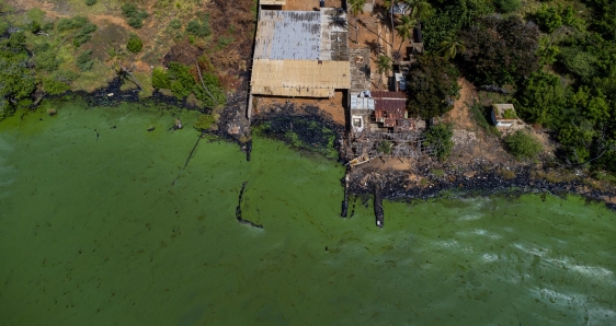 Contaminación en las aguas del lago de Maracaibo, Venezuela, el 12 de julio de 2023. EFE/HENRY CHIRINOS