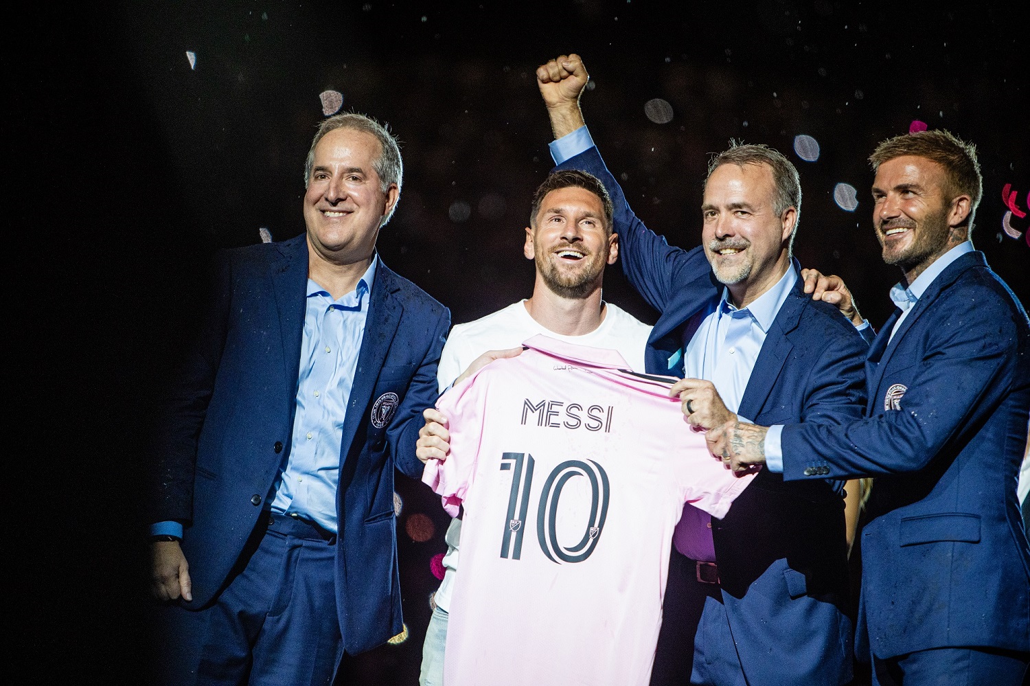 Jorge Mas, Leo Messi, Jose Mas y David Beckham, en la presentación del jugador con el Inter Miami, el 16 de julio de 2023. INTER MIAMI