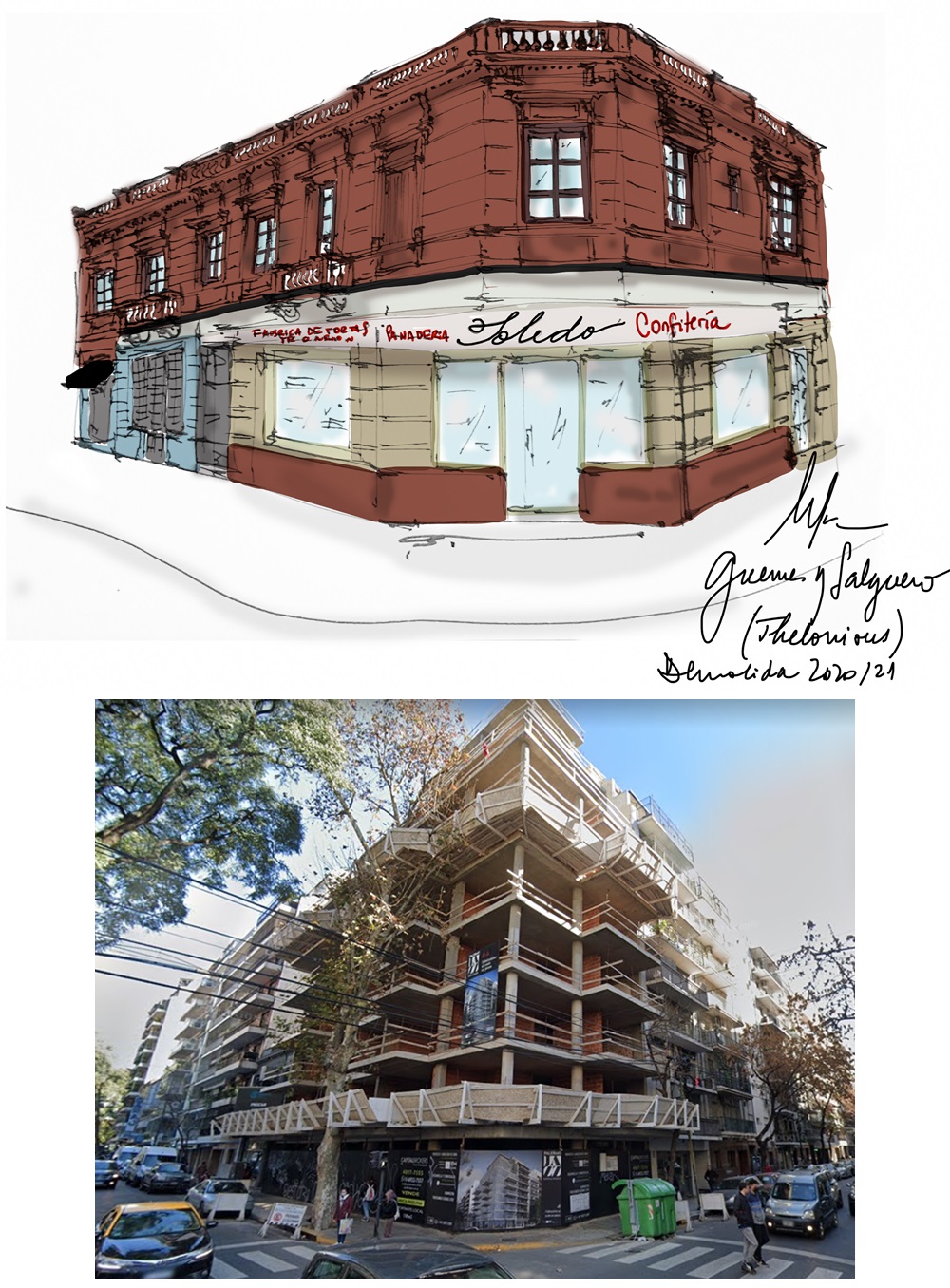 Dibujo de una casa en Güemes con Salguero demolida entre 2020 y 2021 y foto del edificio que la sustituyó. NATALIA KERBABIAN