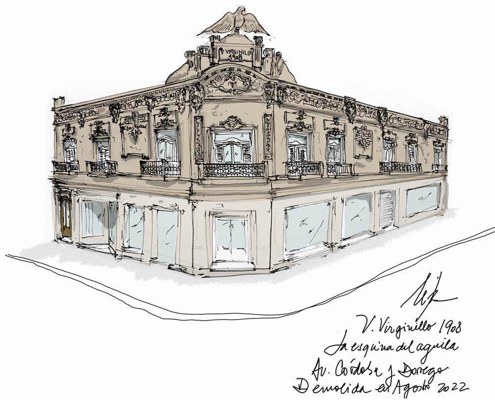Dibujo del edificio Villa Virginillo de Buenos Aires, demolido en 2022. NATALIA KERBABIAN