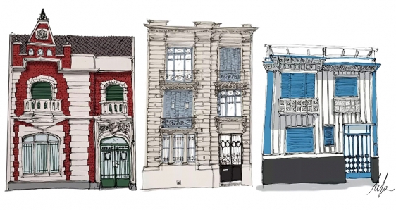 Tres dibujos de edificios de Buenos Aires del proyecto 'Ilustro para no olvidar'. NATALIA KERBABIAN
